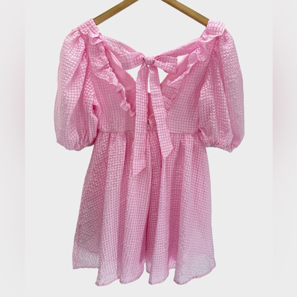 Mable Pink Gingham Puff Sleeve Ruffle Tie Back Mini Dress Coquette Romantic S - Picture 4 of 13